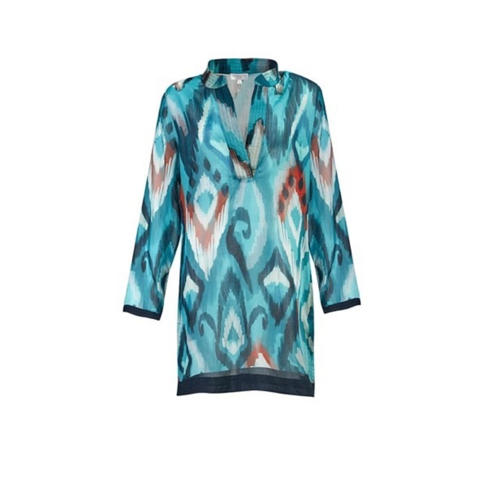 Haremlique Women Cotton Tunic Top 1 Blue Ikat Split Neck Artsy Lagenlook